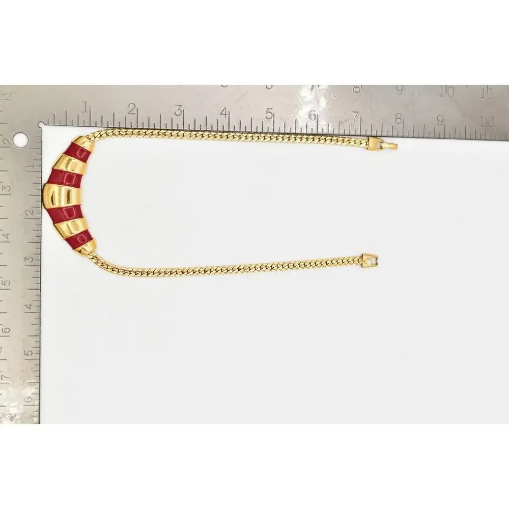 Napier Vintage Collar Necklace Red Enamel Gold Herringbone Chain Signed BinA17